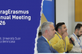 The visual shows on the left the title: "GaragErasmus Annual Meeting 2026" and subtitle: Napoli, Università Suor Orsola Benincasa. On the right side there is a picture of four speakers 